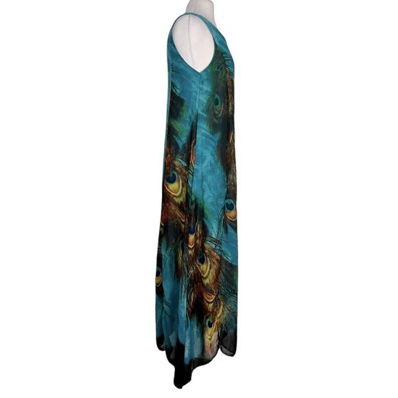 Stunning PEACOCK Feather Animal Print Sleeveless Chiffon Maxi Shift Kaftan Dress - Picture 8 of 9